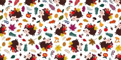 sfondo di carino cartone animato ricci tra autunno le foglie e frutta con funghi vettore
