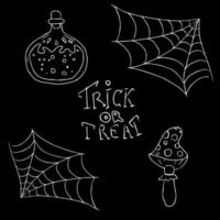 Halloween nel schizzo stile su nero sfondo. ragno ragnatela, volare agarico, pozione. festivo decorazione, saluto carta, invito.