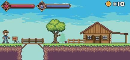 pixel arte gioco scena con carattere, vita bar e mana, Casa, albero, legna ponte vettore sfondo per 8 bit gioco