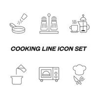 cucinando, cibo e cucina concetto. collezione di moderno schema monocromatico icone nel piatto stile. linea icona impostato di sale e Pepe, tè festa, bollente, ciotola nel microonde forno, capocuoco cappello, cucina utensili vettore