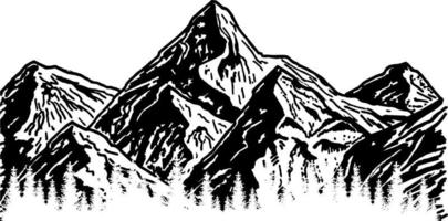 mano disegnato vettore illustrazioni il montagne con un' conifero foresta su loro nel incisione stile