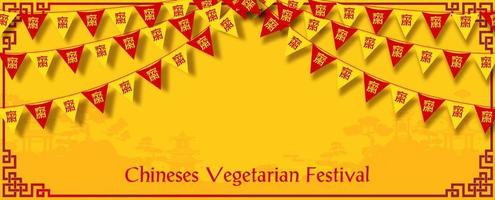 Cinese vegetariano Festival triangolo bandiera su paesaggio Cinese antico edificio Visualizza con decorato telaio e giallo sfondo. Cinese lettere è senso digiuno per culto Budda nel inglese. vettore