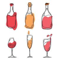 un' impostato di vettore illustrazioni con bottiglie e bicchieri di rosso e bianca vino, acquerello spruzzi di vino. isolato elementi su un' bianca sfondo. vettore illustrazione nel il stile di disegno di mano