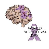 mondo Alzheimer giorno, a tema illustrazione raffigurante il umano cervello con ombroso le zone e domanda segni, viola nastro e iscrizione, vettore illustrazione
