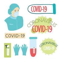 medico nel un' medico maschera. icona con coronavirus impostato per assistenza sanitaria design. covid coronavirus infezione, covid 19. medico illustrazione. impostato di isolato vettore illustrazioni.