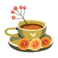 autunno tazza di caffè o cacao con biscotti e frutti di bosco vettore