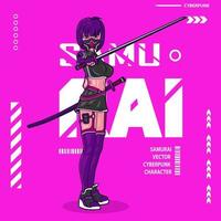 samurai donna cyberpunk finzione maglietta colorato design. astratto vettore illustrazione.