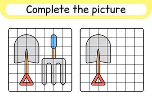 completare il immagine forcone e pala. copia il immagine e colore. finire il Immagine. colorazione libro. educativo disegno esercizio gioco per bambini vettore