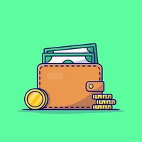 portafoglio con illustrazione dell'icona di vettore del fumetto di denaro. concetto di oggetto finanziario isolato vettore premium. stile cartone animato piatto