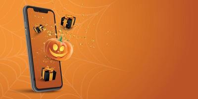 Halloween vendita bandiera con smartphone e zucca vettore
