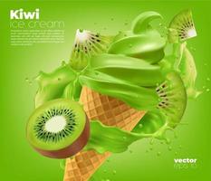 Kiwi morbido ghiaccio crema cono con frutta salsa spruzzo vettore