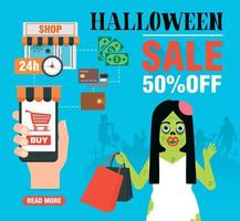 Halloween vendita concetto design piatto con un' zombie ragazza su shopping vettore