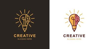 inteligente creativo idea matita logo elemento con cervello e leggero lampadina icona simbolo per ispirazione, alunno studia, formazione scolastica, creativo design agenzia logo vettore