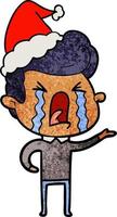 cartone animato strutturato di un uomo che piange che indossa il cappello di Babbo Natale vettore