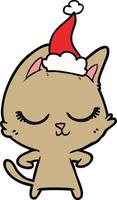 disegno a tratteggio calmo di un gatto che indossa il cappello di Babbo Natale vettore