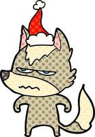 illustrazione in stile fumetto di un lupo infastidito che indossa un cappello da Babbo Natale vettore