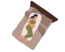 superiore Visualizza di un' giovane incinta donna nel pigiama addormentato su un' maternità cuscino su il letto. salutare notte dormire. confortevole posizione per dormendo, preparazione per parto. Salute e gravidanza cura. vettore