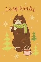 cartolina con un' carino gatto nel un' sciarpa e il iscrizione accogliente inverno. vettore grafica.