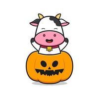 carino mucca con zucca Halloween portafortuna icona cartone animato illustrazione piatto cartone animato stile vettore