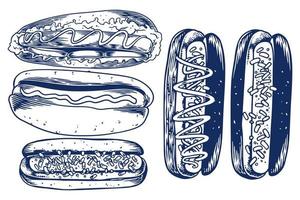 cibo incisione mano disegno impostato di quattro hot dog su bianca sfondo. vettore