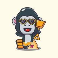 carino gorilla nel occhiali da sole giocare sabbia spiaggia cartone animato illustrazione. vettore
