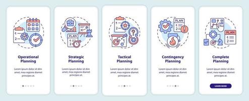 tipi di piani onboarding mobile App schermo. attività commerciale sviluppo Procedura dettagliata 5 passaggi modificabile grafico Istruzioni con lineare concetti. ui, ux, gui modello. vettore