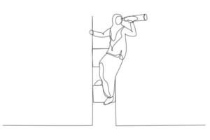 cartone animato di musulmano donna d'affari Tenere un' telescopio su il le scale guardare di successo e nuovo attività commerciale obiettivi. continuo linea arte vettore