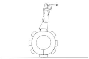 illustrazione di musulmano donna d'affari in piedi su ingranaggi sembra attraverso un' telescopio.. uno linea arte stile vettore