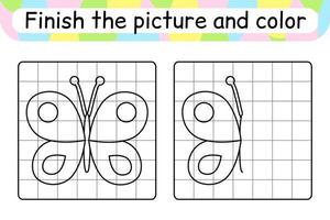 completare il immagine la farfalla. copia il immagine e colore. finire il Immagine. colorazione libro. educativo disegno esercizio gioco per bambini vettore