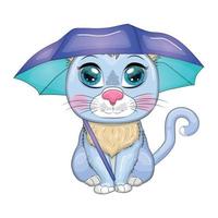 cartone animato gatto con un ombrello. autunno è In arrivo. carino bambino carattere, simbolo di 2023 nuovo Cinese anno vettore