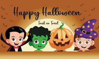 contento Halloween con bambini nel vampiro, Frankenstein, zucca e strega costumi vettore illustrazione