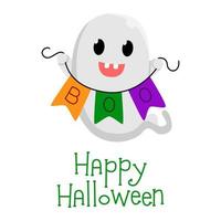 volante carino fantasma Tenere pavese bandiera boh. contento Halloween. infantile spaventoso fischio carattere. grande per carta, manifesto, bambini camera, logo, Stampa, mascotte. isolato piatto cartone animato vettore illustrazioni