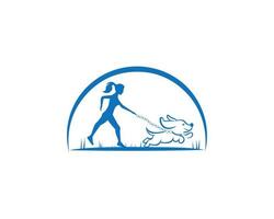 donna a piedi con il cane creativo logo design concetto vettore modello.