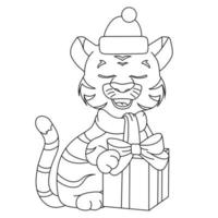 un' tigre cucciolo nel un' Santa Claus nuovo anni cappello è seduta con un' regalo, mano disegno, linea vettore