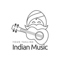 indiano sorridente viso uomo logo cartone animato illustrazione disegno, chitarra simbolo, circolare turbante vettore icona