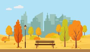 autunno parco con alberi e panchina nel il città. vettore paesaggio illustrazione.