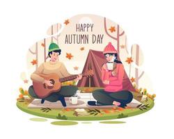 contento autunno con un' coppia fare campeggio nel autunno o autunno. un' uomo giocando il chitarra e un' donna Tenere un' caldo bevanda caffè o tè. vettore illustrazione nel piatto stile