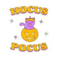 carino gatto nel zucca hocus pocus etichetta o Halloween temporaneo tatuaggio nel Groovy stile vettore