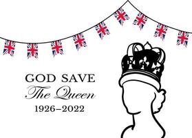il della regina Morte. RIP, Dio Salva il Regina. riposo nel pace manifesto con silhouette di Regina Elisabetta su bandiera sfondo. vettore illustrazione per sua maestà su sua 96 anni