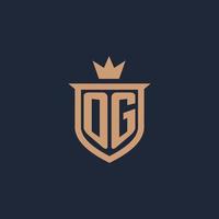 og monogramma iniziale logo con scudo e corona stile vettore