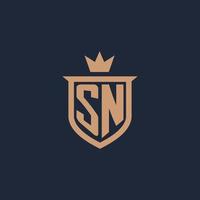 sn monogramma iniziale logo con scudo e corona stile vettore