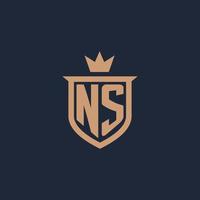 ns monogramma iniziale logo con scudo e corona stile vettore