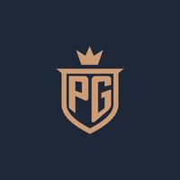 pg monogramma iniziale logo con scudo e corona stile vettore