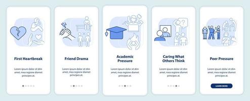 emotivo sfide nel adolescenti leggero blu onboarding mobile App schermo. Procedura dettagliata 5 passaggi modificabile grafico Istruzioni con lineare concetti. ui, ux, gui modello. vettore