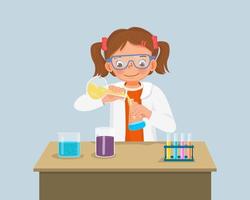 carino poco ragazza scienziato con sicurezza occhiali miscelazione chimico liquido nel fiaschi fare scienza progetto chimica sperimentare nel il laboratorio vettore