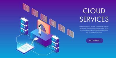 uomo che usando il concetto di servizi cloud computer vettore