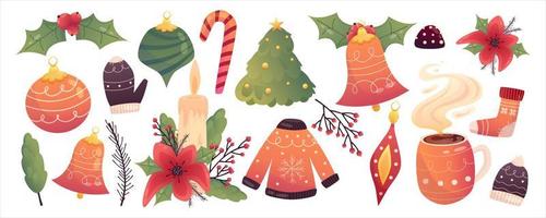 hygge accogliente Natale impostato con maglione, giocattolo, albero e candela. cartone animato piatto vettore illustrazione. isolato vettore illustrazione. vacanza natale arredamento. Natale accogliente elementi