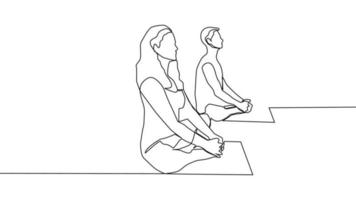 yoga, donna, uomo pratiche yoga mentre seduta nel il loto posizione. continuo linea disegno vettore