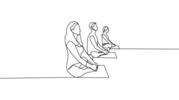 yoga, donna, uomo pratiche yoga mentre seduta nel il loto posizione. continuo linea disegno vettore