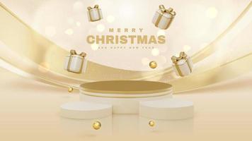 Prodotto Schermo podio con regalo scatola decorazioni con d'oro palla e luccichio leggero effetto e bokeh elementi. allegro Natale sfondo e contento nuovo anno giorno concetto. vettore